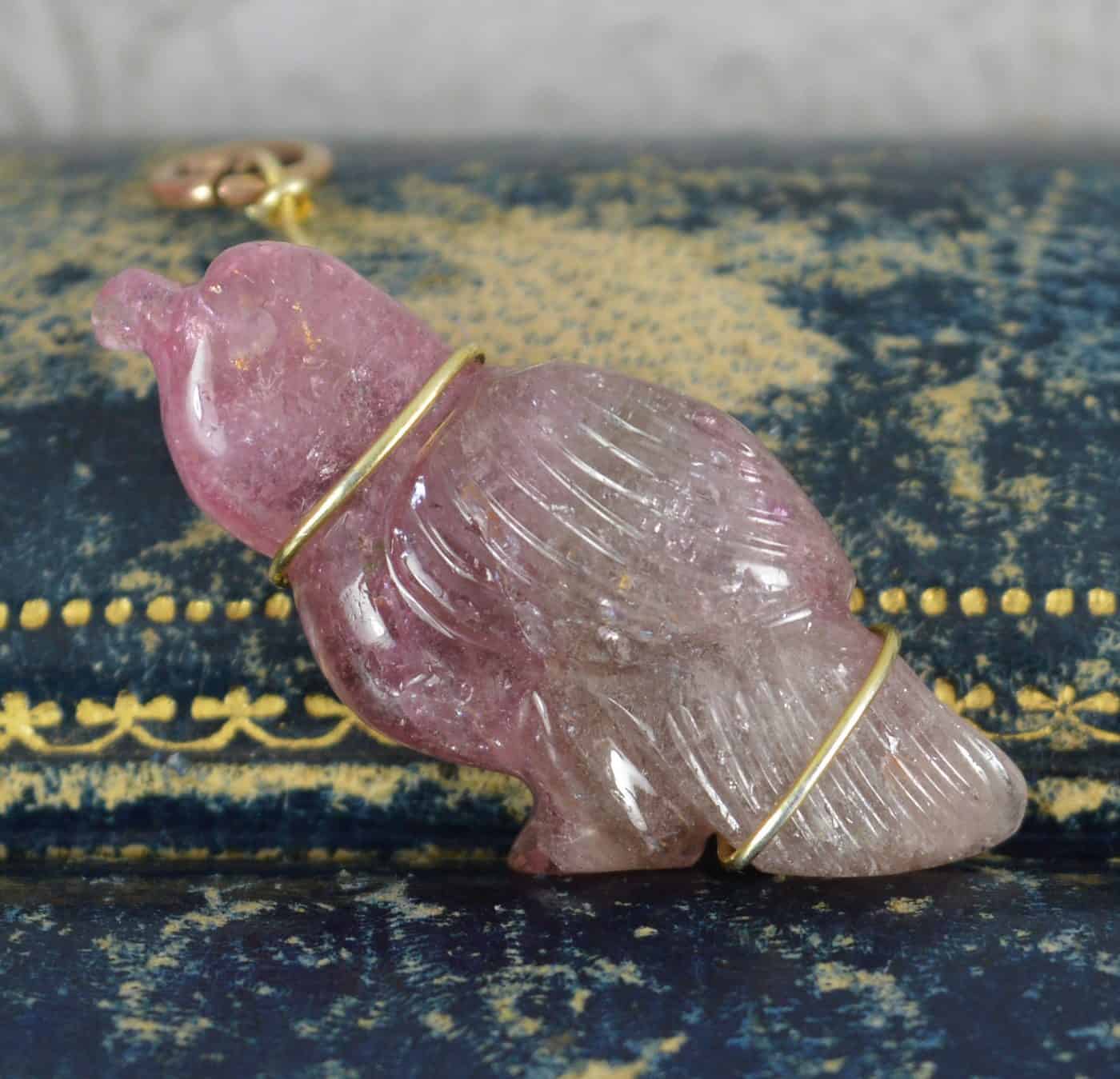 Rare Finely Carved Watermelon Tourmaline Bird and Gold Pendant Charm