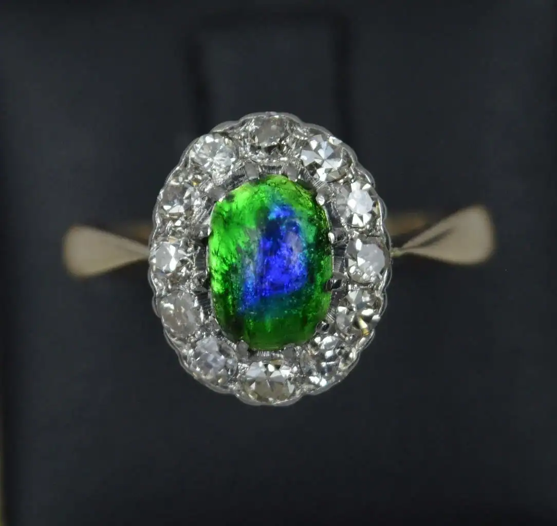 Rare Antique Enamel and Diamond 15ct Gold Cluster Ring
