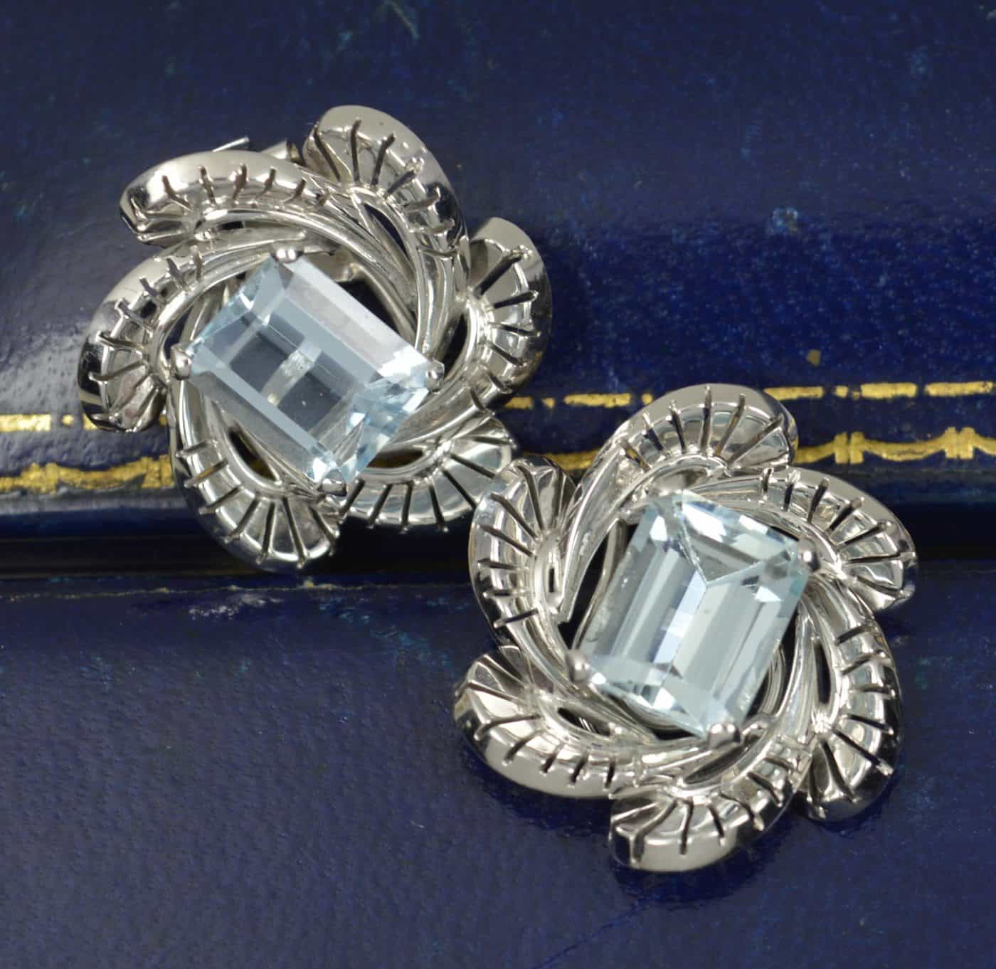 Vintage Heavy 18ct White Gold and Aquamarine Clip On Earrings