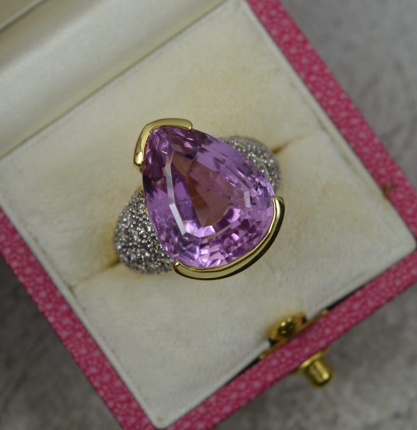 Heavy Pear Kunzite and Diamond 18ct Gold Cluster Ring