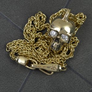 Heavy Diamond Set 9ct Gold SKULL Pendant and 20" Long Chain