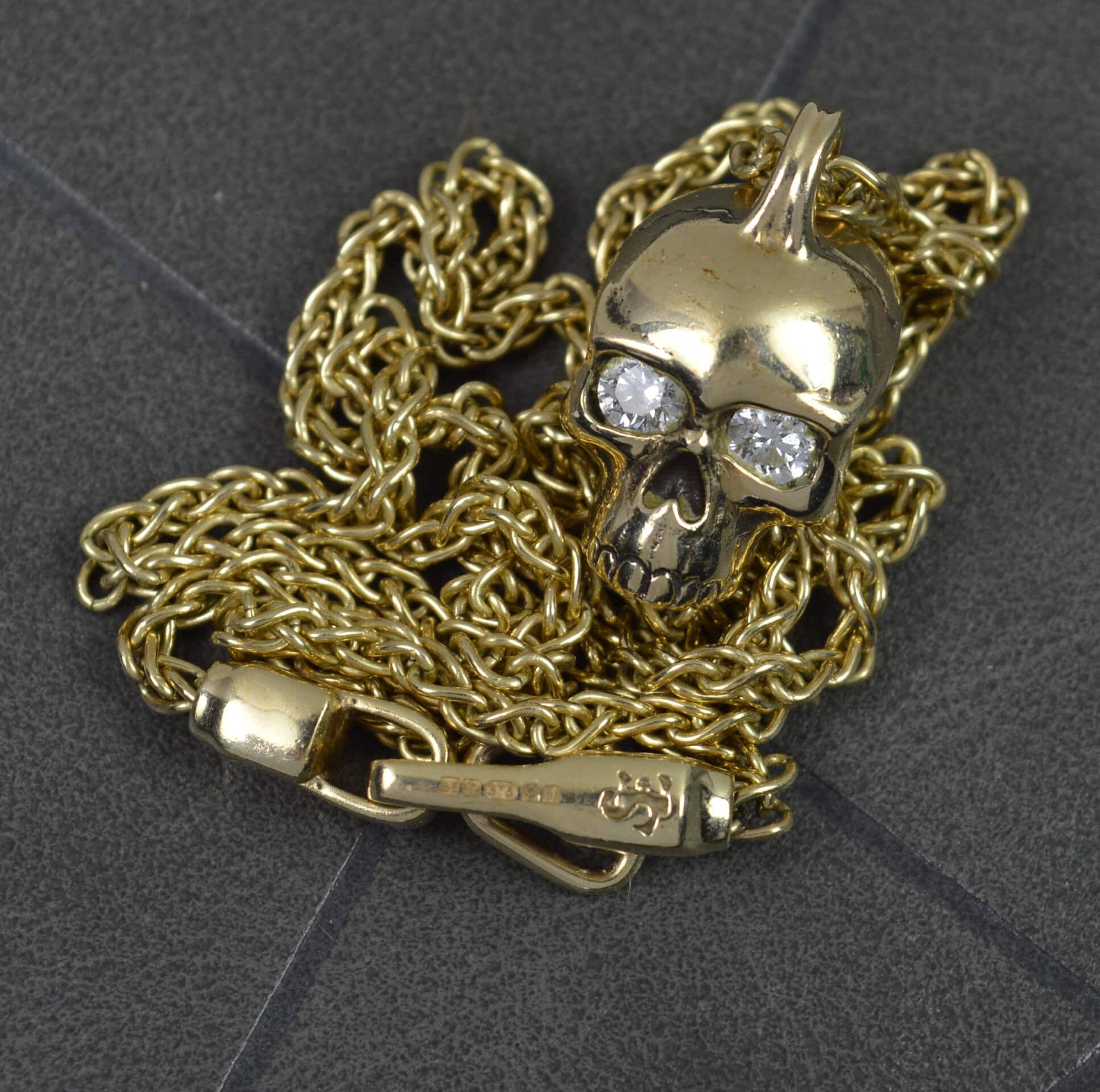 Heavy Diamond Set 9ct Gold SKULL Pendant and 20" Long Chain