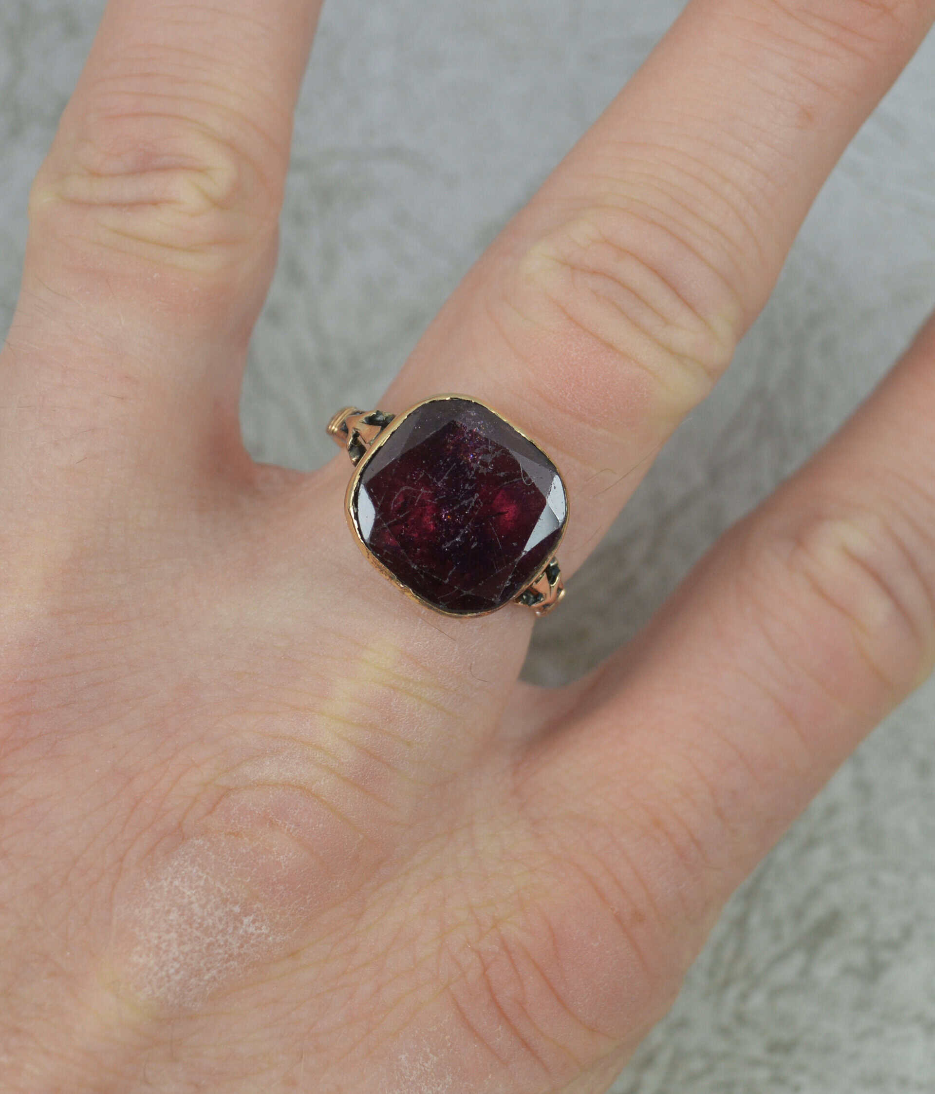 Rare GEORGIAN Large Flat Cut Garnet and Rose Gold Solitaire Ring