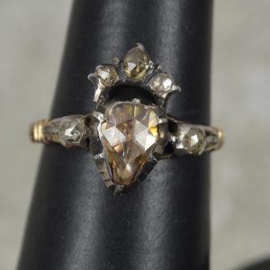 Rare Georgian Rose Cut Diamond Rose Gold Heart Crown Cluster Ring