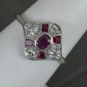 Art Deco Ruby and Old Cut Diamond 18ct White Gold Cluster Ring c1920