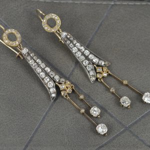 Victorian 3.15ct Old Cut Diamond 14ct Gold Drop Dangle Earrings