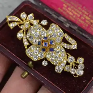 Incredible 10ct Old Cut Diamond and Sapphire 18ct Gold Floral Brooch