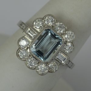 Art Deco Design Platinum Aquamarine and VS Diamond Cluster Ring