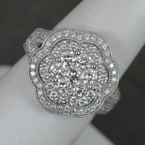 Sparkly 1.50ct Diamond and 18ct White Gold Flower Cluster Head Ring