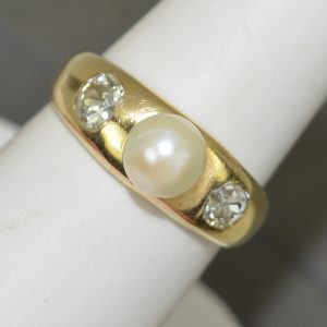 Heavy Victorian 18ct Gold Pearl and Old Cut Diamond Trilogy Ring