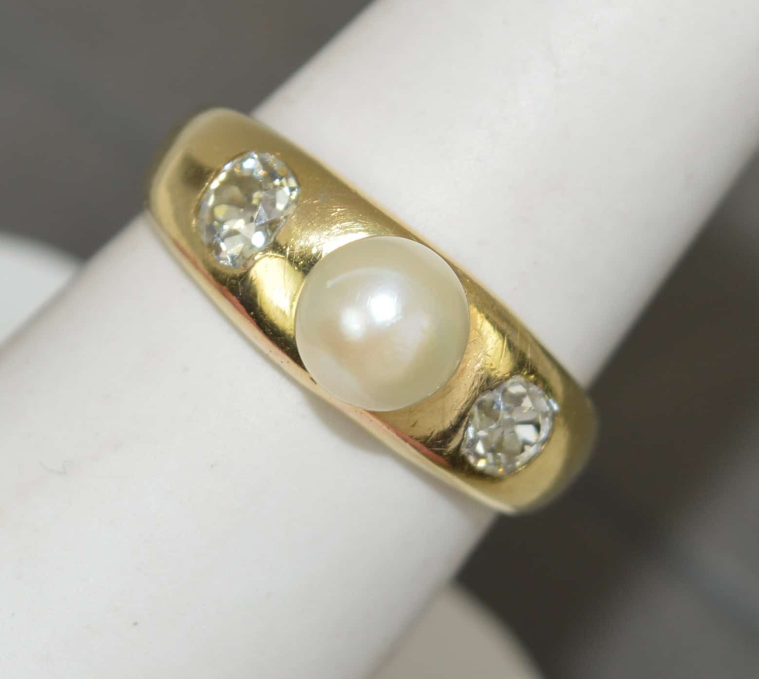 Heavy Victorian 18ct Gold Pearl and Old Cut Diamond Trilogy Ring