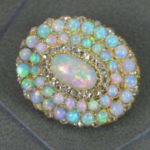 Quality Natural Opal and Rose Cut Diamond 18ct Gold Cluster Brooch