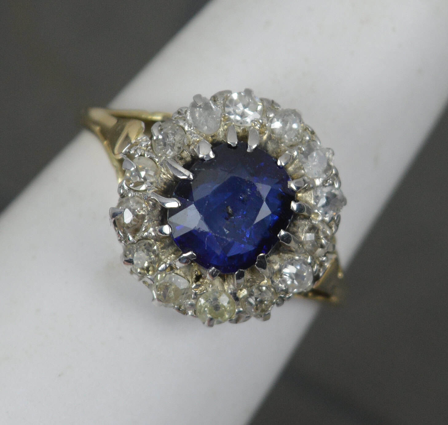 Antique Blue Sapphire and Old Cut Diamond 18ct Gold Cluster Ring