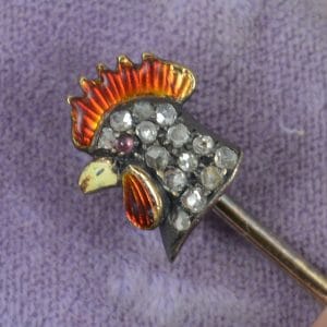 Victorian Gold and Rose Cut Diamond Ruby and Enamel Cockerel Stick Pin