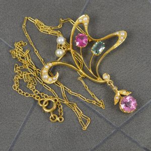 Edwardian 18ct Gold Tourmaline and Seed Pearl Pendant Necklace
