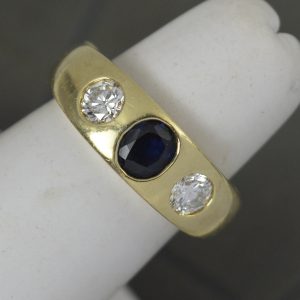 Heavy 14ct Gold Sapphire and 0.50ct Diamond Gypsy Trilogy Ring